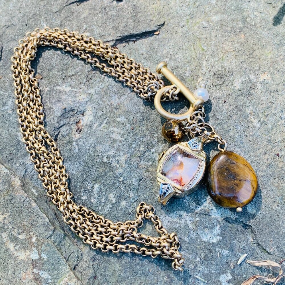 OOAK Watercolor Watch Case Pendant/Quartz/Tigers Eye Beaded Gold Toggle Necklace